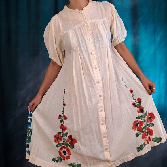 Vintage Boho Chic Casual Hand-painted Cotton Dress Made in India - Picture 1 of 9
